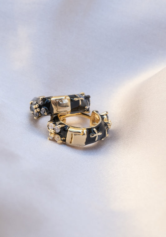 Floral Studded Onyx Huggies