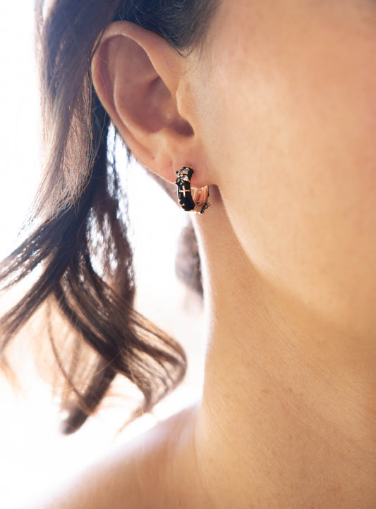 Floral Studded Onyx Huggies